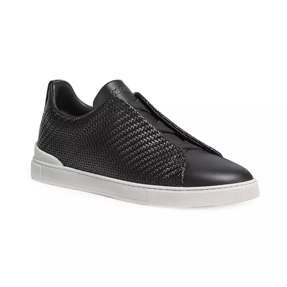 ZEGNA MEN’S BLACK PELLETESSUTA LEATHER TRIPLE STITCH, SIZE 10.5 (BRAND NEW)